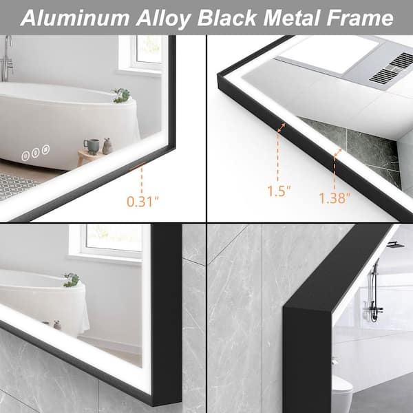 28 in.W x 36 in.H Rectangular Black Aluminum Framed Anti Fog LED Lighted Modern Wall Bathroom Vanity Mirror in Tempered