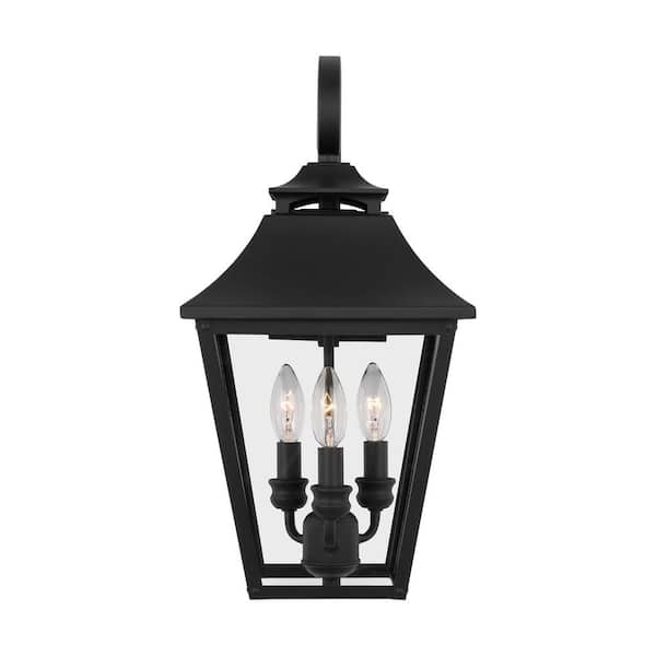 Generation Lighting Galena Medium 3-Light Textured Black Outdoor Hardwired Wall Lantern Sconce with Clear Glass