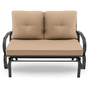 2-Person Metal Patio Outdoor Glider Bench Rocking Loveseat with Armrest Brown Cushion