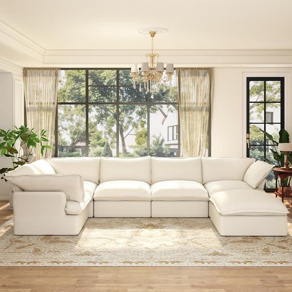 Large Storage 163 in. Flared Arm 6-Piece Linen Modular Cloud Sectional Sofa with Detachable Covers, Ottoman in White