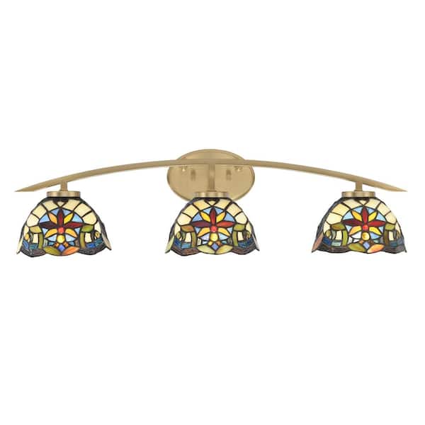 Unbranded Siena 29 in. 3-Light Vanity Light New Age Brass with Earth Star Art Glass Shades