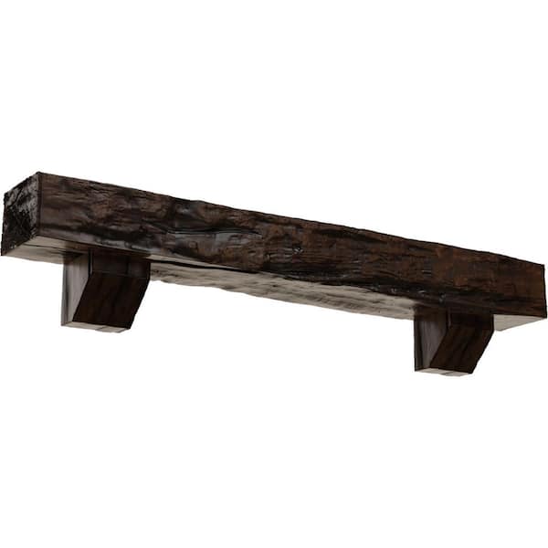 Ekena Millwork 4 in. x 8 in. x 6 ft. Riverwood Faux Wood Beam Fireplace Mantel Kit, Ashford Corbels in Premium Aged