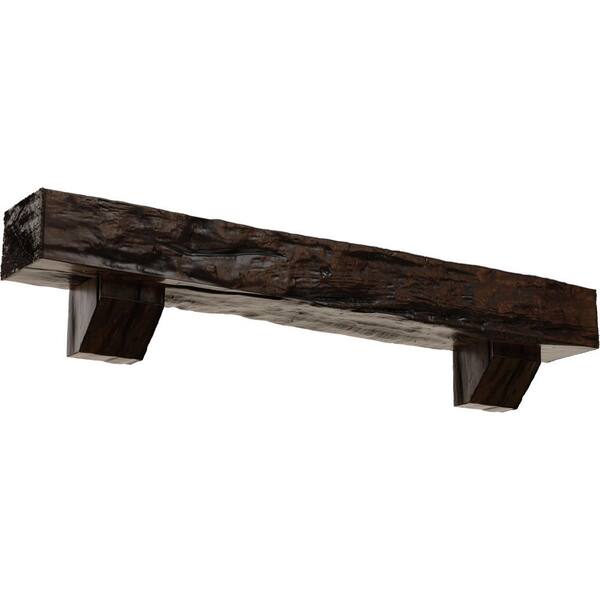 Ekena Millwork 8 in. x 12 in. x 4 ft. Riverwood Faux Wood Fireplace Mantel Kit, Ashford Corbels, Premium Aged
