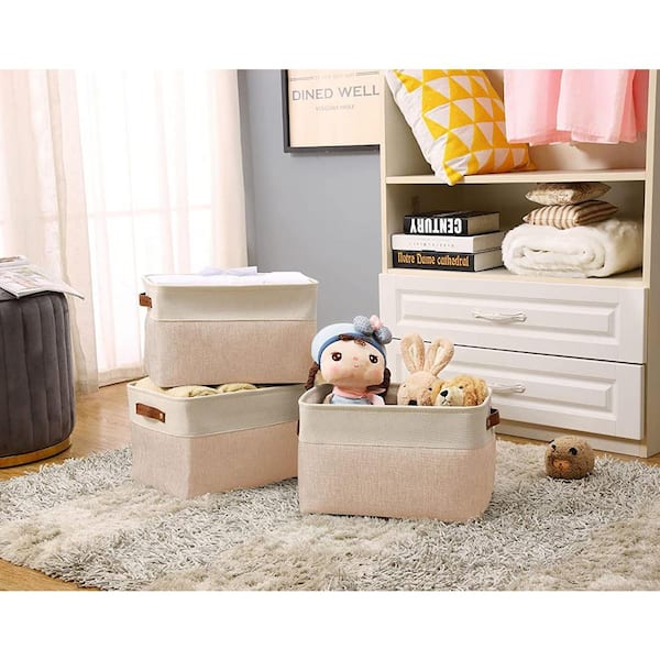 6.0 Gal. Large Fabric Storage Bins Soft Poly Linen with Sturdy Sides  Attached Handle and Fully Removable Lid (2-Pack)