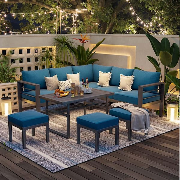 7-Piece Metal Patio Conversation Set with Blue Cushions, Height-Adjustable Table