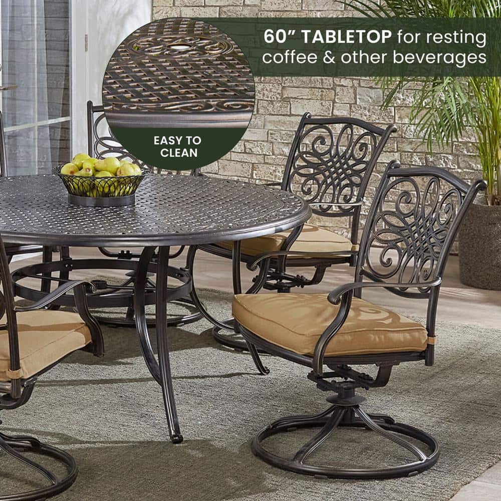 Hanover 7-Piece Tan Aluminum Outdoor Dining Set with Swivel Rockers