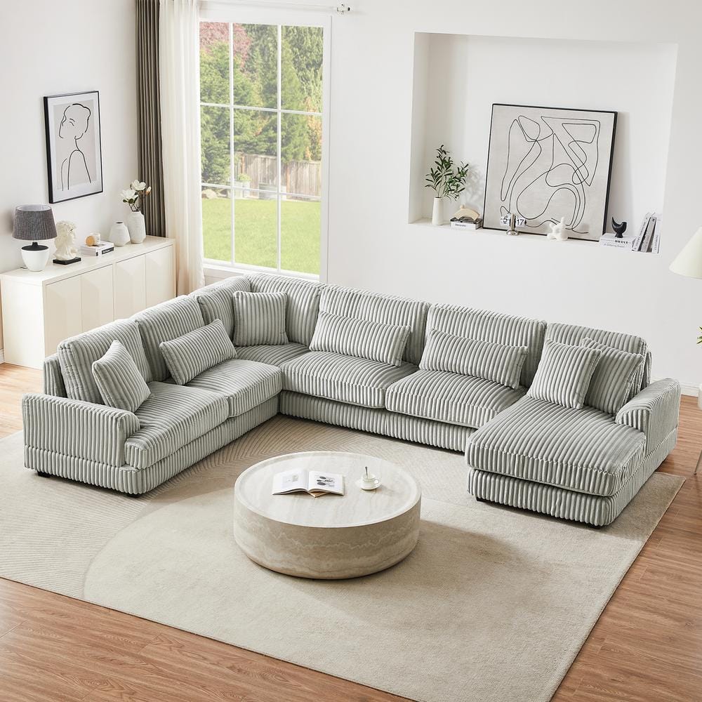 Harper Bright Designs 129 in. Rolled Arm Corduroy U Shaped Sectional Sofa in. Gray with Chaise Lounge and 7 Pillows CJ142AAE The Home Depot