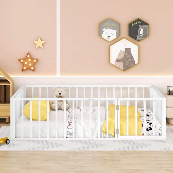 White Metal Frame Queen Platform Bed with Fence and Door