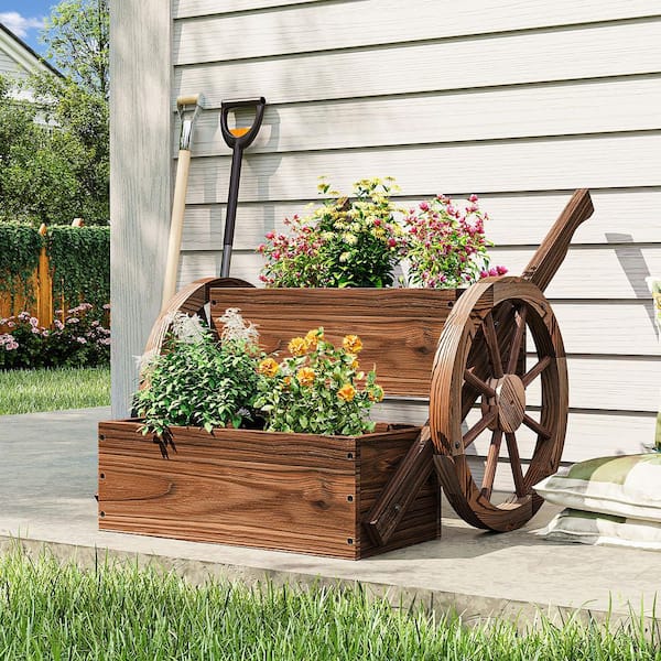 2-Tier Brown 20.5 in. L x 24 in. W Wooden Garden Cart Planter with Wheels and Handles