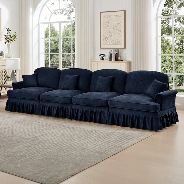 Martin 137.8 in. Flared Arms Chenille Rectangle Sectional Sofa in Blue, Removable Ruffles Pleats Skirts
