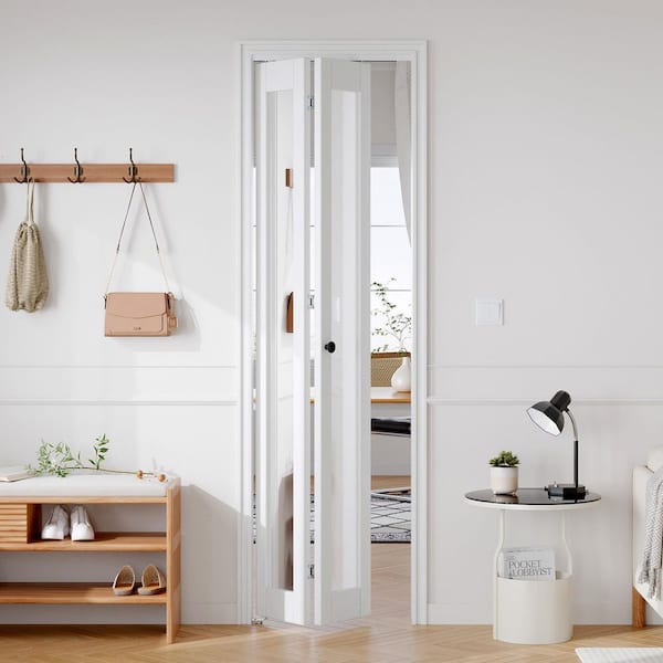 24 in. x 80 in. 1-Lite Mirrored Glass Solid Core White Finished MDF Bi-Fold Door with Hardware Kit