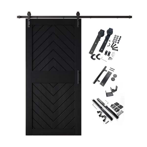 JT2 32 in. x 84 in. C-Panel Black Fishbone Design Solid Pine Wood Sliding Barn Door with Hardware Kit