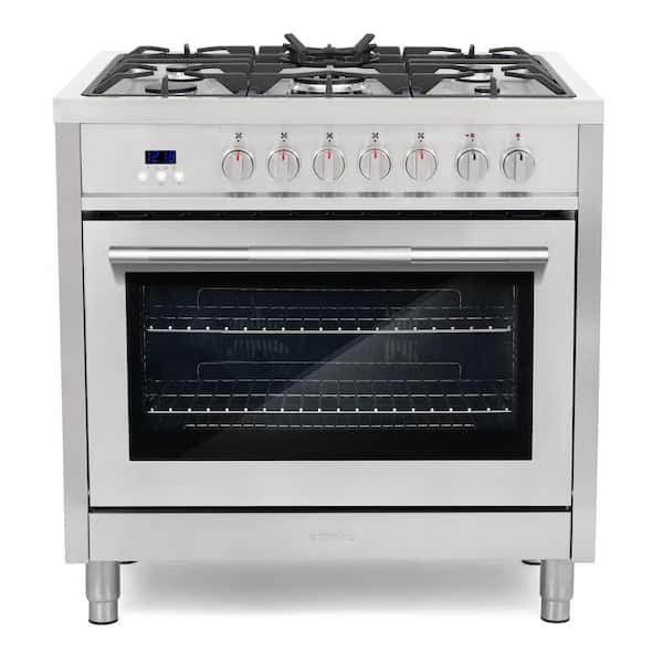Cosmo 36 in. Stellar Collection 3.8 cu. ft. Dual Fuel Range, 5 Burners, Convection Oven, Textured Grip Handle, Stainless Steel