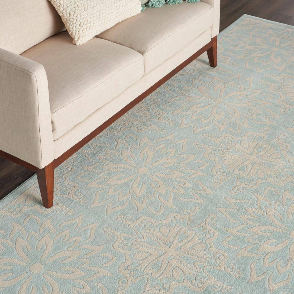Ivory and Green Floral Synthetic Rectangular Rug 8' x 10'