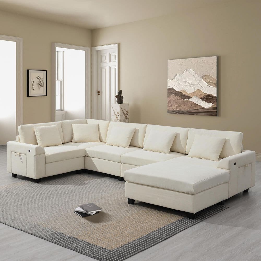128 in. Chenille Modular 6-Seat Sectional Sofa in. Beige with Ottoman, Armr