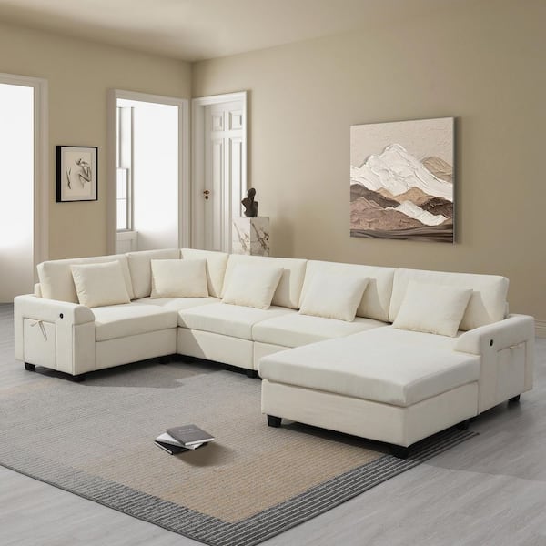 aisword 128 in. Chenille Modular 6-Seat Sectional Sofa in. Beige with Ottoman, Armrest Storage, Cup Holders, USB Charging Ports