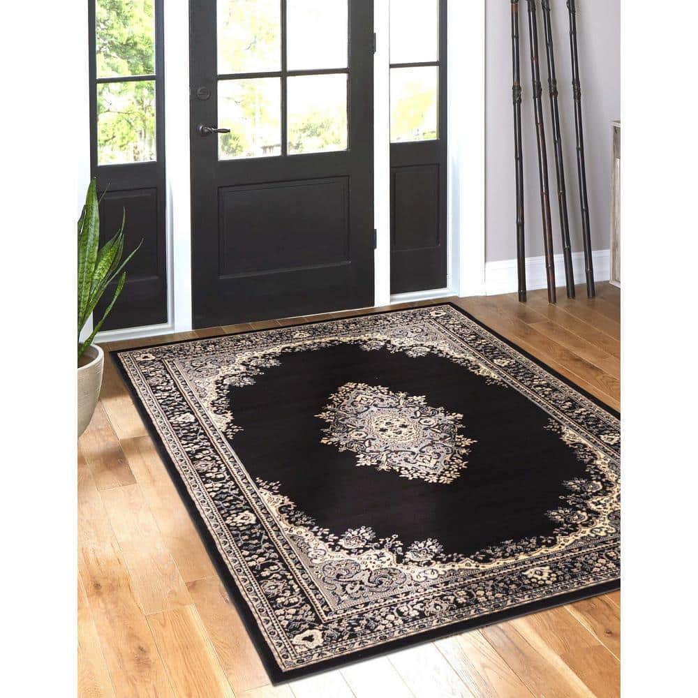 Black and Beige Rectangular Medallion Synthetic Rug