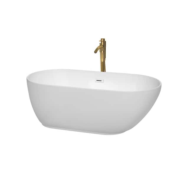 Wyndham Collection Melissa 60 in. Acrylic Flatbottom Bathtub in White with Shiny White Trim and Brushed Gold Faucet