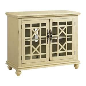 Elegant Antique Cream White Glass TV Stand Fits TVs Up to 42 in. with Cable Management