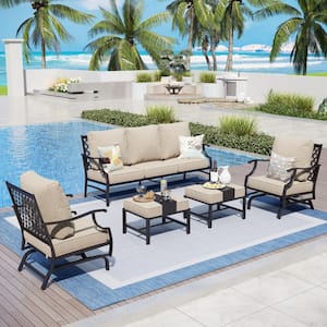 Black 5-Piece Metal Meshed 7-Seat Outdoor Patio Conversation Set with Beige Cushions, 2 Motion Chairs and 2 Ottomans