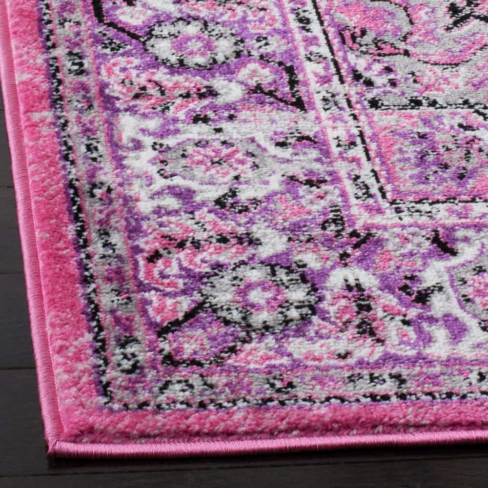 Ivory and Pink Floral Hand-Knotted Round Synthetic Rug