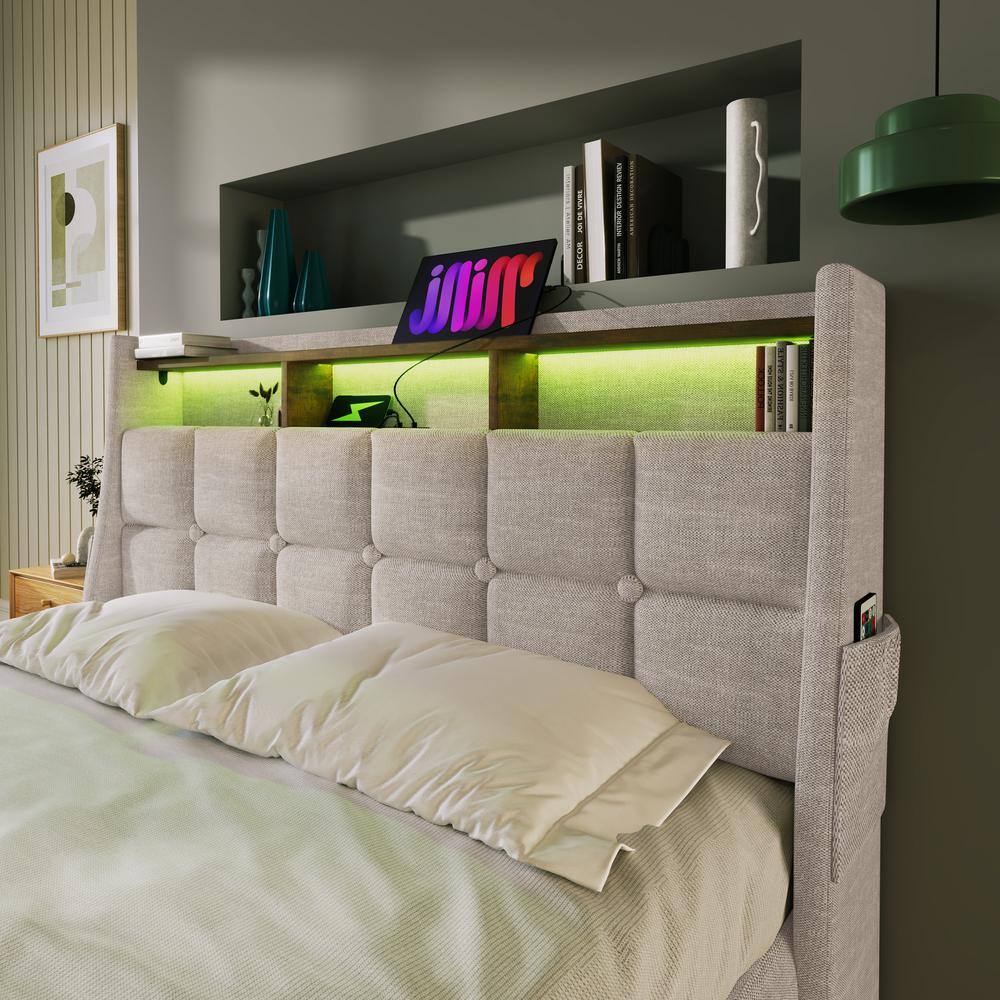 Gray Wood Frame Full Linen Platform Bed with LED Lights, Hydraulic Storage, USB Charging, Storage Headboard, Pockets - thumbnail 9