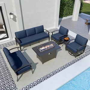 6-Piece Aluminum Patio Fire Pit Sectional Seating Set with Swivel Rocking Chairs and Navy Blue Cushions