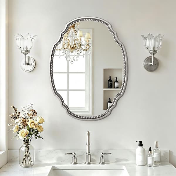 24 in. W x 32 in. H Scalloped Vintage Beaded Accent Wood Framed Wall Mounted Vanity Mirror in Silver