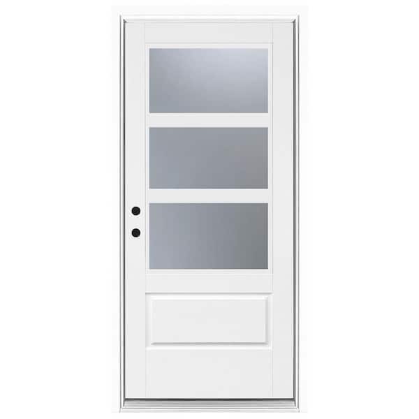 36 in. x 80 in. 3/4 Lite Right-Hand Inswing 3 lite SDL Frosted Glass Finished White Fiberglass Prehung Front Door