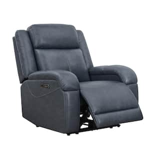 Auberon Navy Blue Genuine Leather Wall Hugger RV Power Recliner Chair with Adjustable Headrest and Charging Port