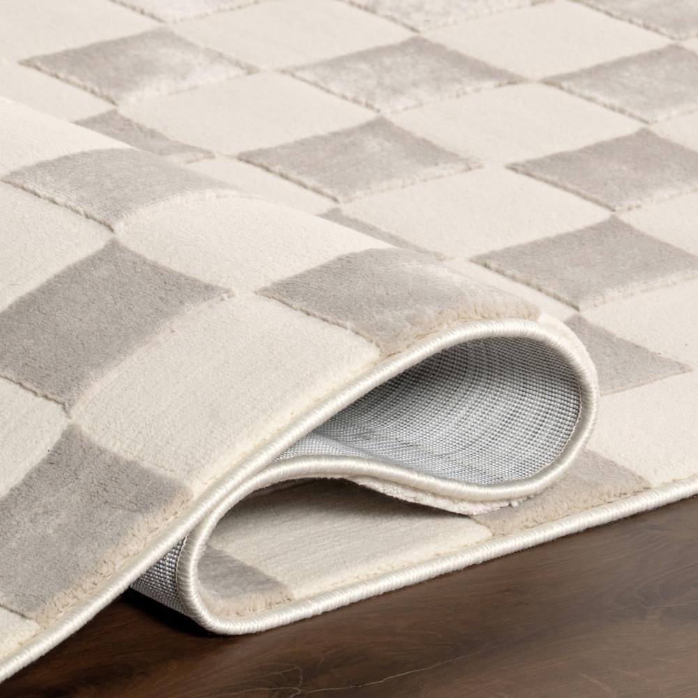 Cream and Gray Checkered Machine Washable Synthetic Area Rug, 3' x 5'