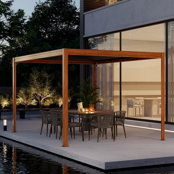 10 ft. x 13 ft. Wood Grain Aluminum Frame Outdoor Patio Louvered Pergola with Adjustable Shade Roof