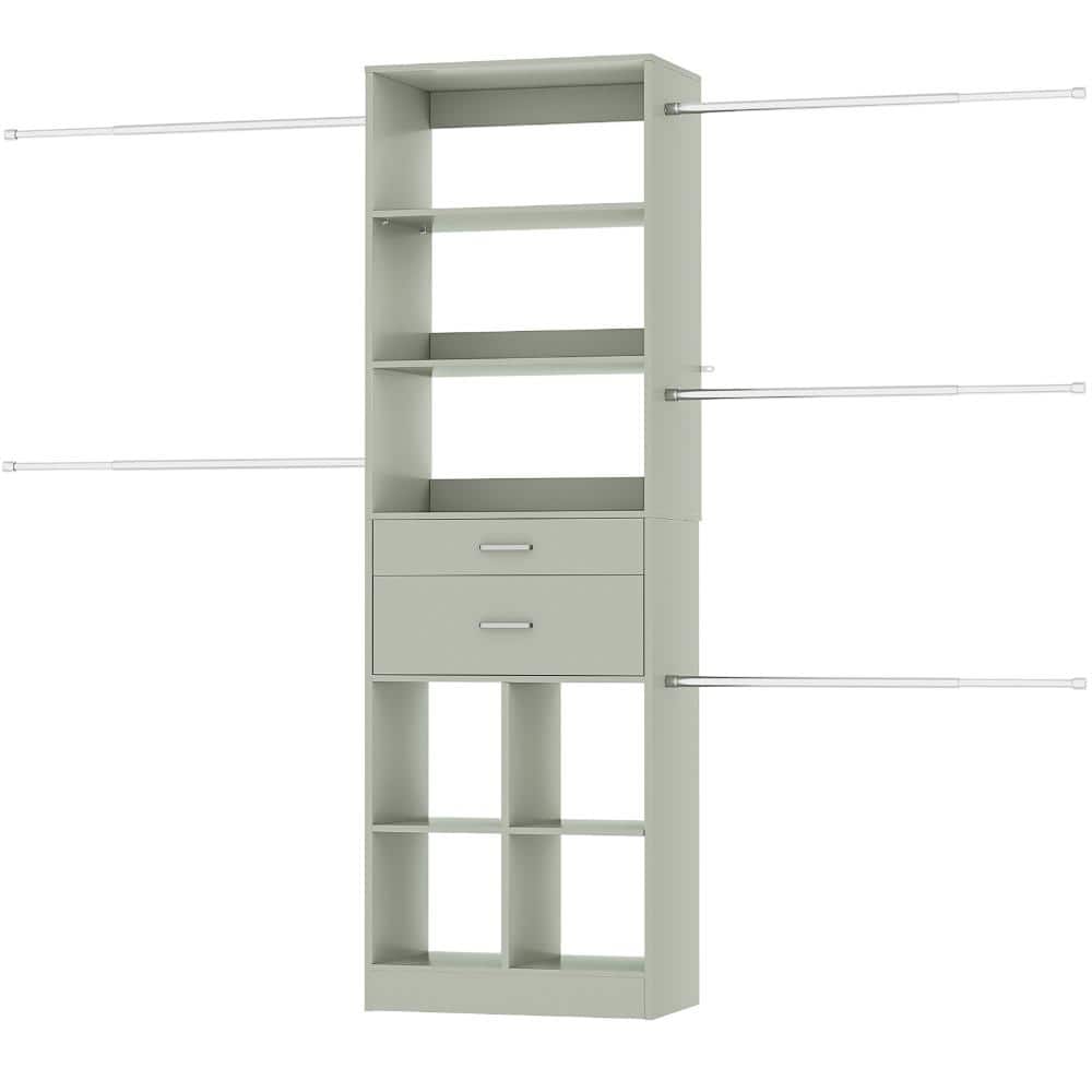 4-8 FT Crab Green Reach-In Tower Wall Mount Closet Organizer System with 5 Hanging Rods & 2 Wooden Drawers & Shelves