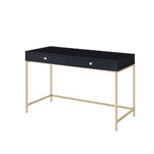 47 in. Rectangular Black and Gold Wood Top 2-Drawer Writing Desk with 2 Storage Compartments