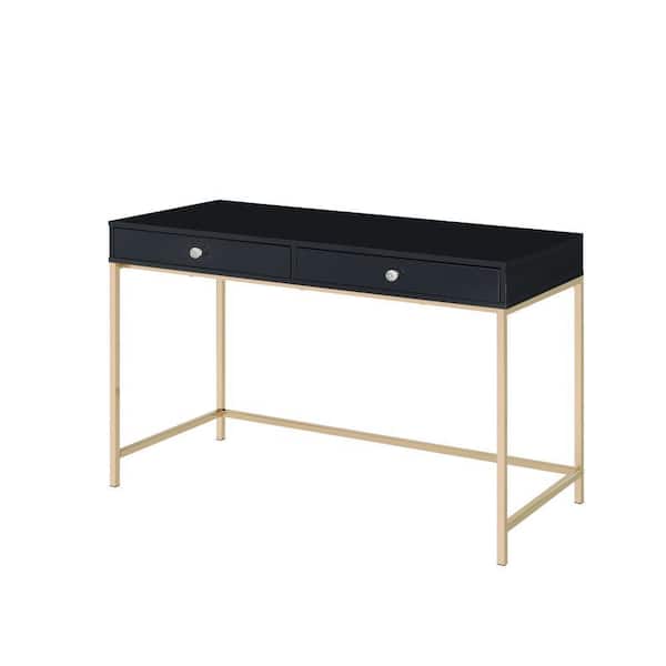 Benjara 47 in. Rectangular Black and Gold Wood Top 2-Drawer Writing Desk with 2 Storage Compartments