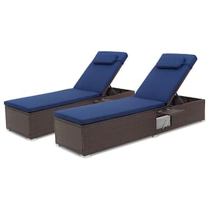 2-Pieces Wicker Outdoor Chaise Lounge with Navy Cushion Headrest Patio