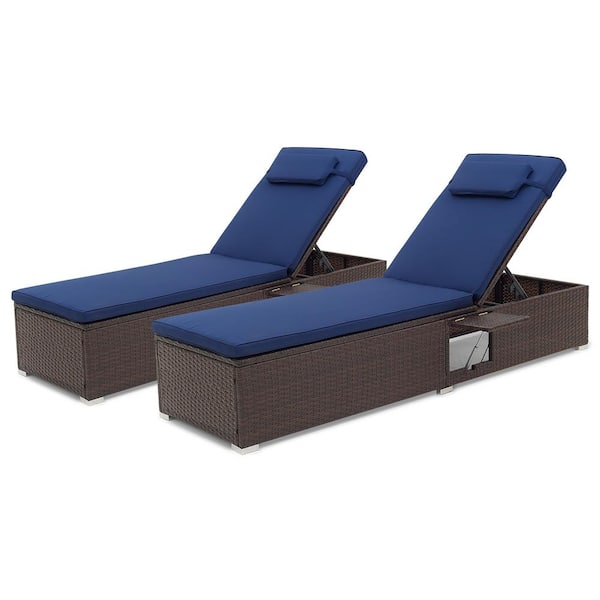 2-Pieces Wicker Outdoor Chaise Lounge with Navy Cushion Headrest Patio