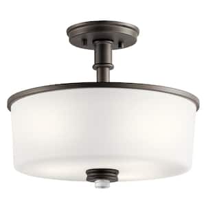 Joelson 14.75 in. 3-Light Olde Bronze Hallway Transitional Semi-Flush Mount Ceiling Light with Cased Opal Glass