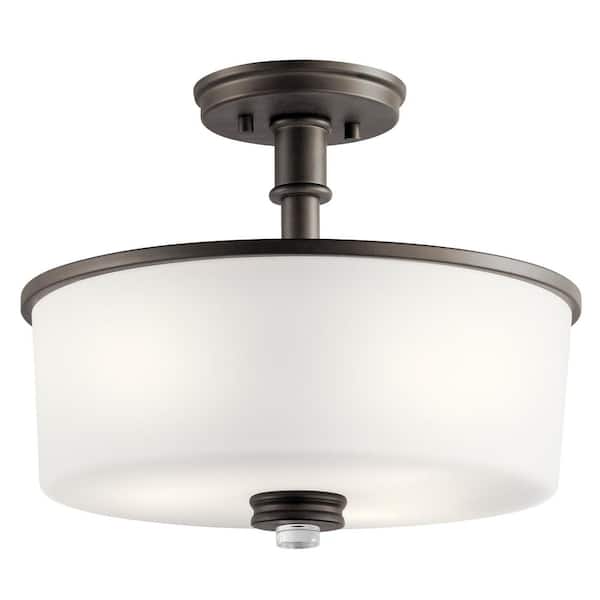 KICHLER Joelson 14.75 in. 3-Light Olde Bronze Hallway Transitional Semi-Flush Mount Ceiling Light with Cased Opal Glass