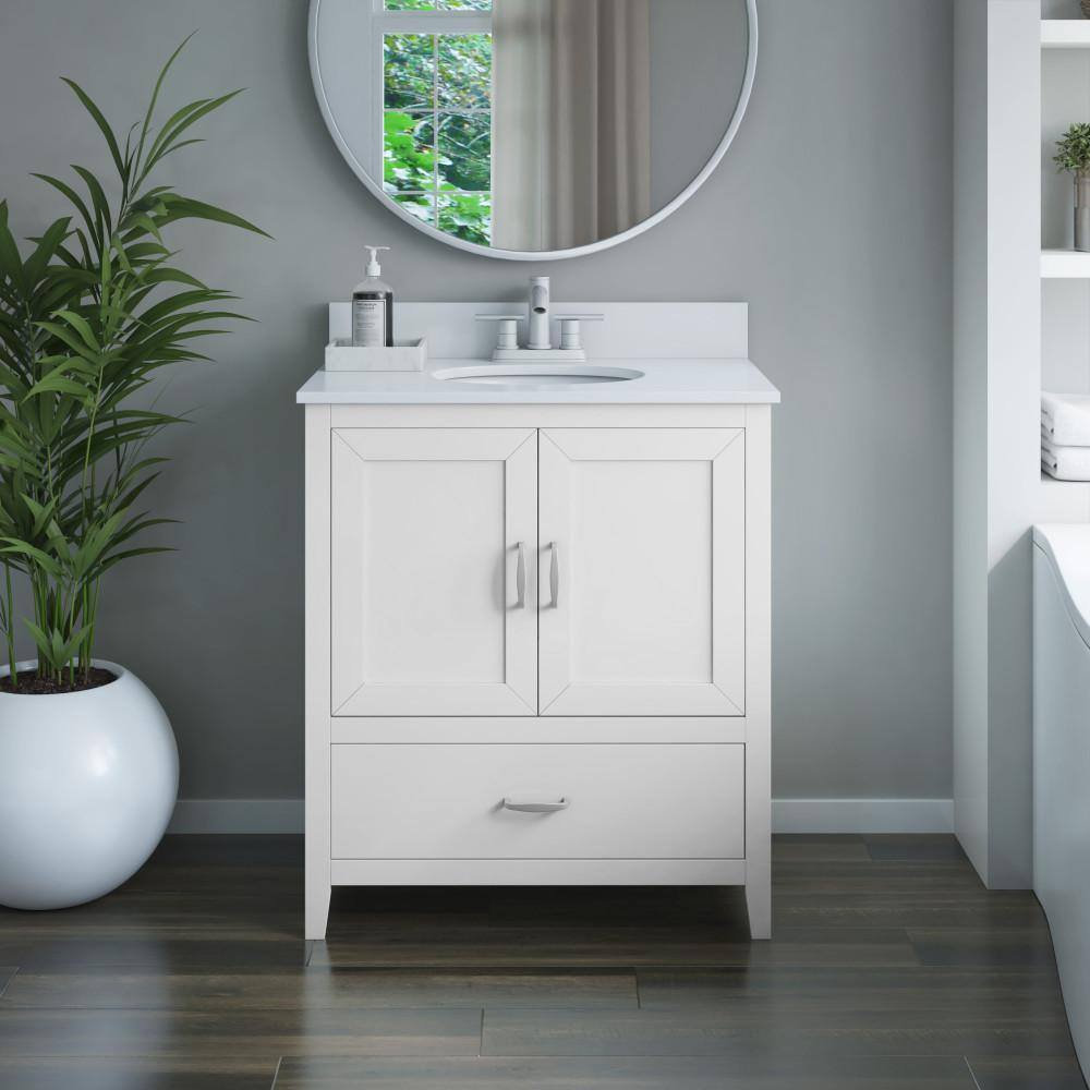 White Wood 30" Freestanding Single Bathroom Vanity with Stone Top