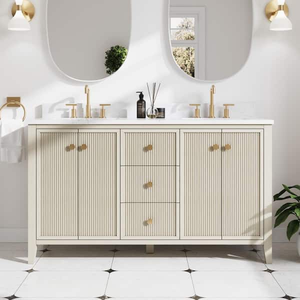 60 in. W Single Sink Solid Wood Bath Vanity in ASH with White Engineered Quartz Top, Soft-Close