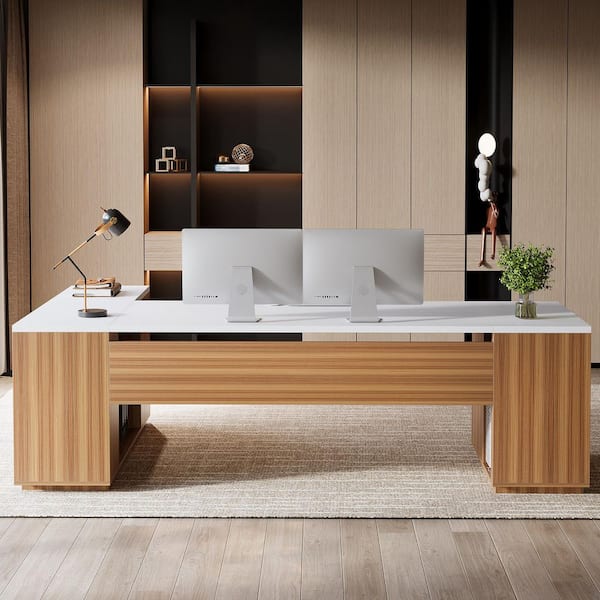 Capen Large L-Shaped Desk with Drawers, 86 in. White and Walnut L Executive Desk, Modern Manager Desk for Home Office