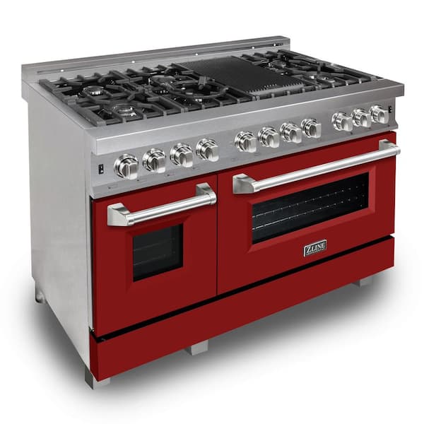 ZLINE Kitchen and Bath 48 in. 7 Burner Double Oven Dual Fuel Range with Red Matte Door in Fingerprint Resistant Stainless Steel