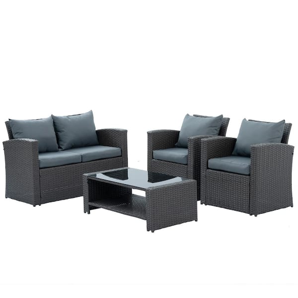 49.6 in. PE Rattan Rectagular Frame Material Picnic Tables Seats 4 People with Cushions