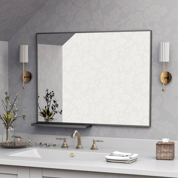 FAMYYT 40 in. W x 30 in. H Rectangular Framed Wall Bathroom Vanity Mirror in Black with Storage ...