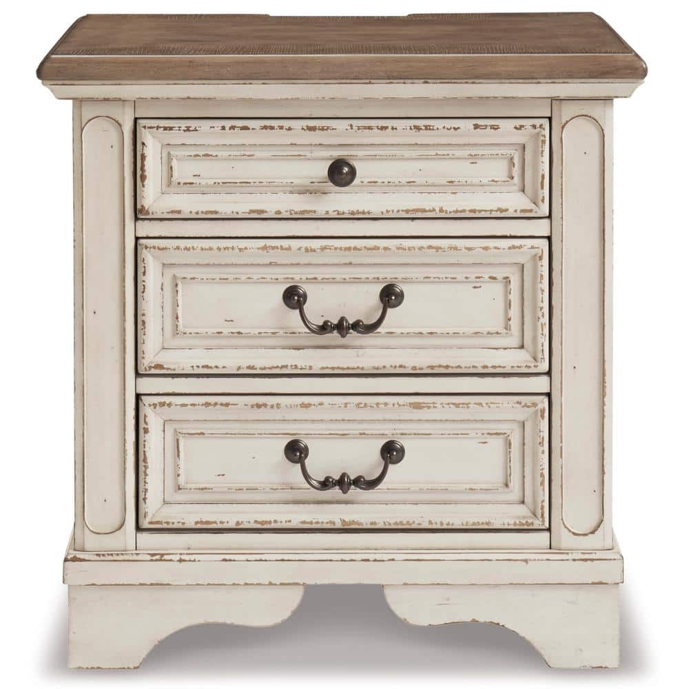 Chipped White & Distressed Wood 3-Drawer Nightstand with USB Ports