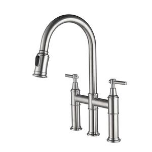Double Handles Gooseneck Pull Down Sprayer Kitchen Faucet in Brushed Nickel Widespread Bridge Faucets for 1 or 3-Hole