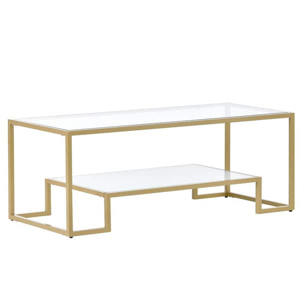 URTR Modern 45 in.Gold Rectangle Tempered Glass Coffee Table, 2-Tier Sofa Cocktail Tables for Living Room, Office