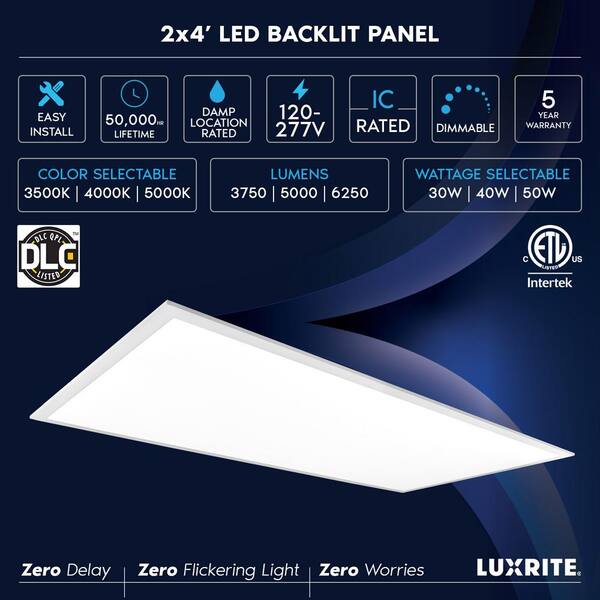 2x4 LED Flat Panel Light 3000K - 5000K 50W 600W Equivalent 0-10V Dimmable  6500 Lm CCT Color Change Edge Lit LED Panel 120-277V Drop Ceiling Light