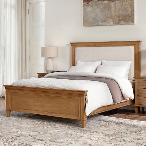 Canelio Beige Wood Frame Queen Panel Bed with Soft Upholstered Headboard
